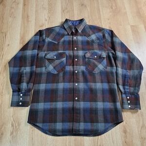 Rock Creek Ranch Western Snap Shirt Mens Medium Blue Plaid Acrylic Flannel Yoke